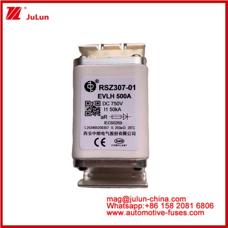 RSZ307-01 EVLH 500A 750VDC FUSE 50KA مربع سيراميك شاحنات السيارات أجهزة المركبات الكهربائية والمعدات الحجم الصغير انصهار منخفض I2t القيمة العالية القدرة على كسر الطاقة